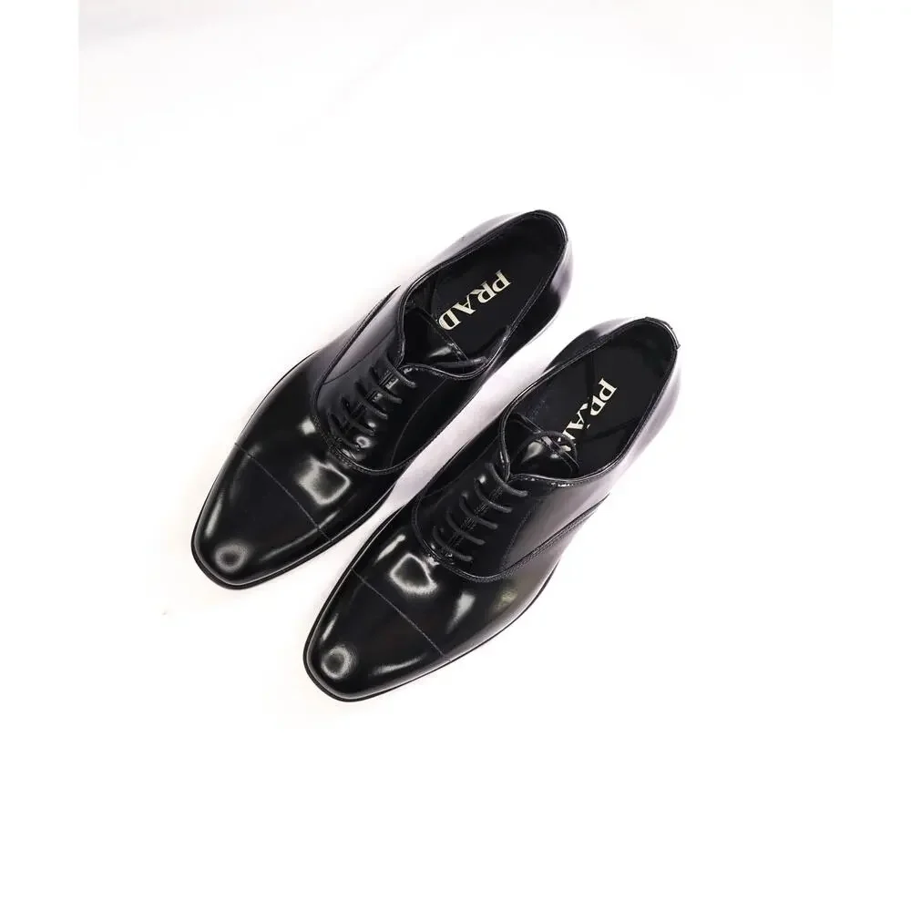$980 PRADA- Leather Spazzolato Oxfords W Logo Inset Heel 7US